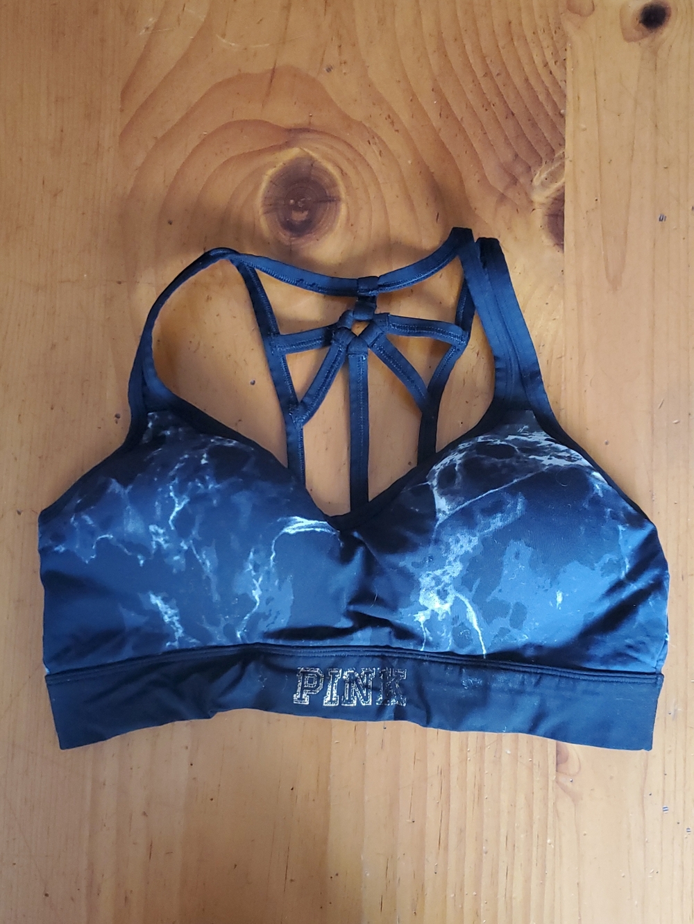 PINK Victoria's Secret Black Marble Strappy Ultimate Push Up Sports Bra